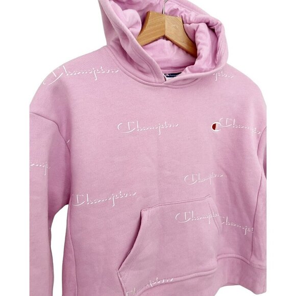 CHAMPION Girl's Sz M Pink Allover White Script Logo HOODIE NWT - Picture 2 of 9
